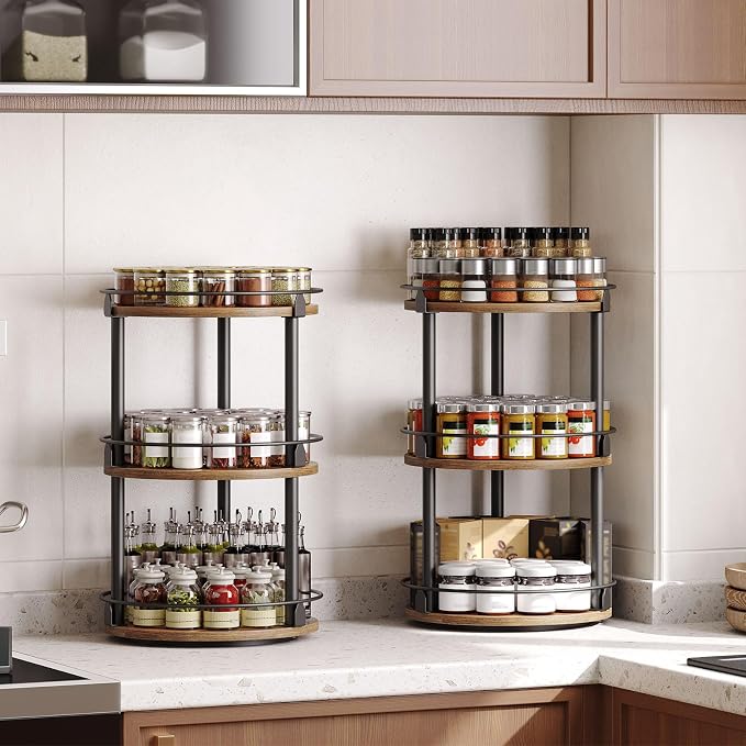 YATINEY Spice Rack, Set of 2 Lazy Susan Organizer, 3-Tier Turntable Organizer For Cabinet, Compact and Versatile, for Kitchen Countertop, Rustic Brown SR23L2BR