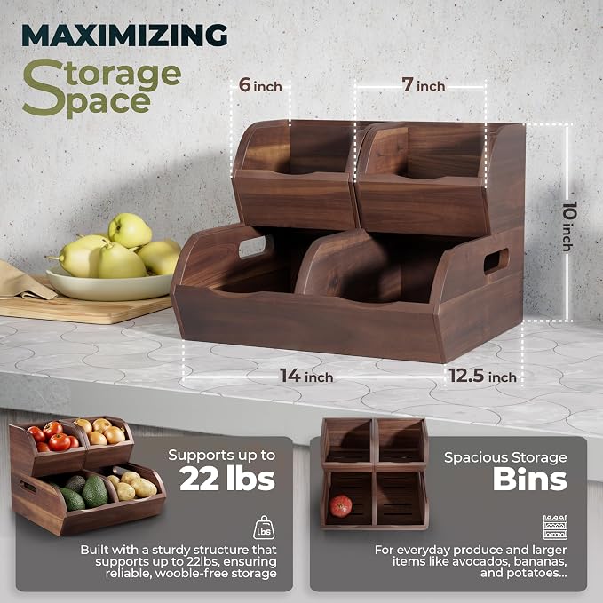 Acacia Potato and Onion Storage Bin - Stackable Wooden Storage Bins with Airflow Vent - Onion and Potato Storage Baskets for Kitchen Countertop Storage Organizer