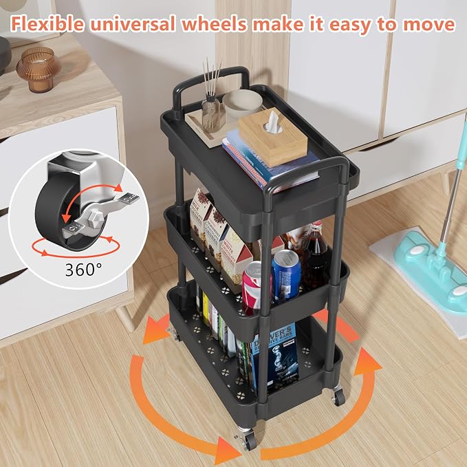 Calmootey 3-Tier Rolling Utility Cart with Drawer,Multifunctional Storage Organizer with Plastic Shelf & Metal Wheels,Storage Cart for Kitchen,Bathroom,Living Room,Office,Black | Space-Saving Organizer, Sturdy Plastic Shelves, Smooth-Rolling Metal Whee...