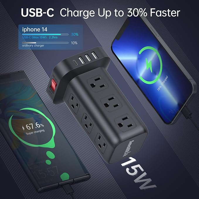 Extension Cord with Multiple Outlets, SMALLRT Surge Protector Tower, 15 FT Power Strip with USB Ports, 12 AC Outlets, Outlet Extender for Home Dorm Room Essentials, Office Supplies,Overload Protection