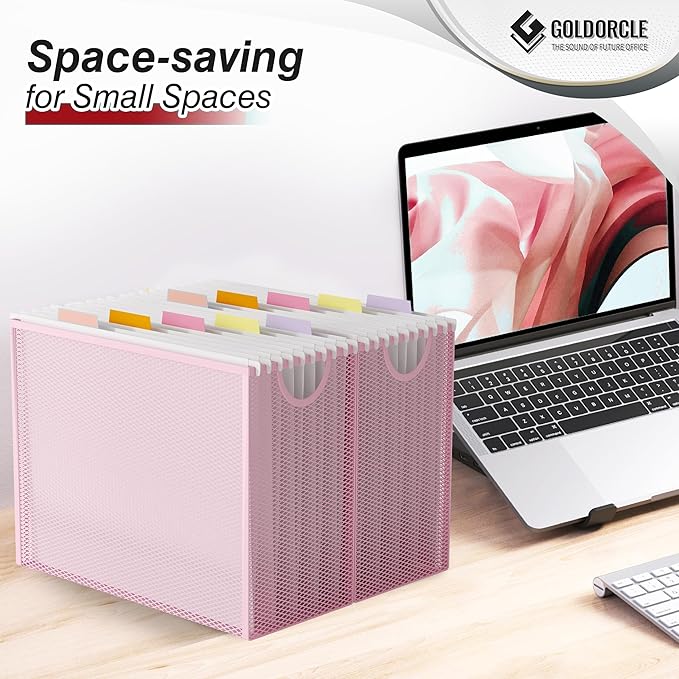 Hanging File Organizer, Letter-Size File Holder Filing Box with 5 Hanging Folders, Metal Mesh Desk File Folder Storage(No Assembly Required) (Pink, with 5 Grey Folders)