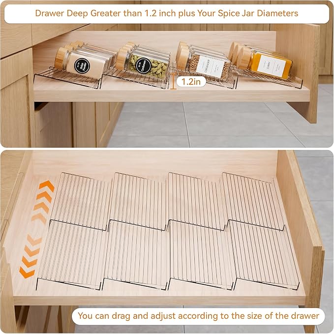LETGO 8 Pack Adjustable Spice Rack for Drawer - 9" to 17.7" Expandable Spice Drawer Organizer 4 Tier Acrylic Seasoning Organizer Rack,Clear Spice Rack Tray for Spices,Condiment,Nail Polish and Jar (8)
