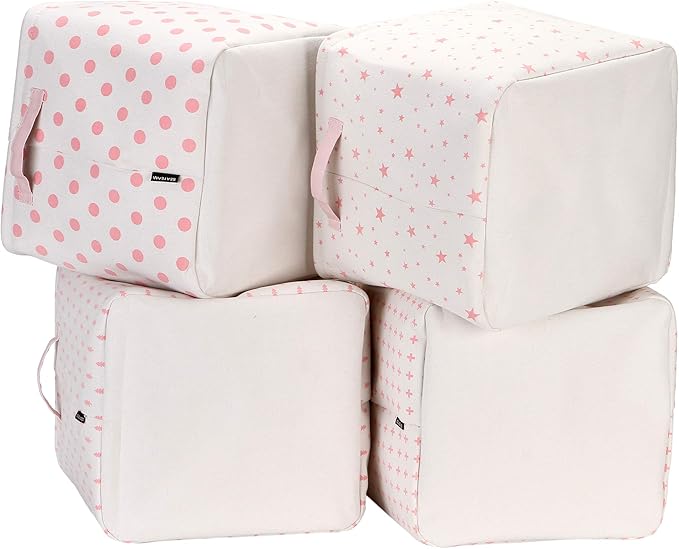 Sea Team Collapsible Canvas Fabric Storage Basket with Handles, Square Storage Box, Cube, Foldable Shelf Basket, Closet, Desk Organizer for Nursery, Home, Office (Pink, Set of 4)