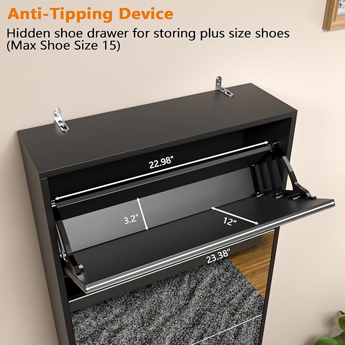 Mirrored Shoe Storage Cabinet with 5 Flip Drawers, 15 Pairs | Real Glass Mirror | Fits Men's Size 15 | Narrow Entryway Organizer | Space-Saving | Black