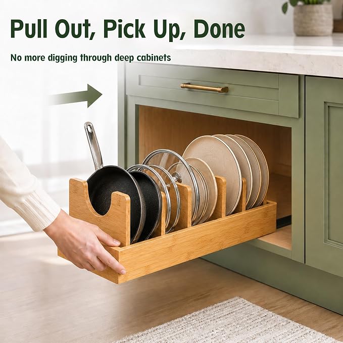 Pull Out Pots and Pans Organizer, Bamboo Cabinet Storage Rack | Pots and Pans Organizer Under Cabinet, Bamboo Sliding Rack with Adjustable Dividers for Lids, Bakeware, Cutting Boards