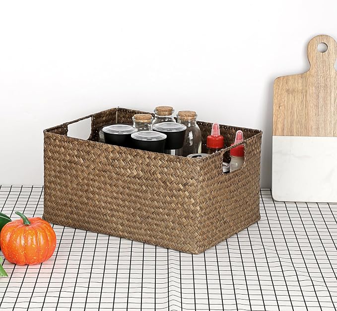 Hipiwe Seagrass Storage Baskets Bin for Shelf Organizing Rectangular Wicker Basket with Handle Handwoven Opened Baskets Bin Decorative Basket Box for Closet Bedroom Organizer