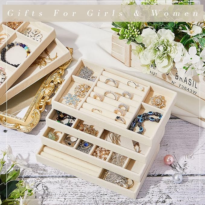 Junkin 18 Pcs Jewelry Drawer Organizer Inserts, Stackable Jewelries Inserts for Dresser Drawers, Drawer Insert Organizers Velvet Jewelry Trays for Rings Earring Bangle Necklace(Beige)