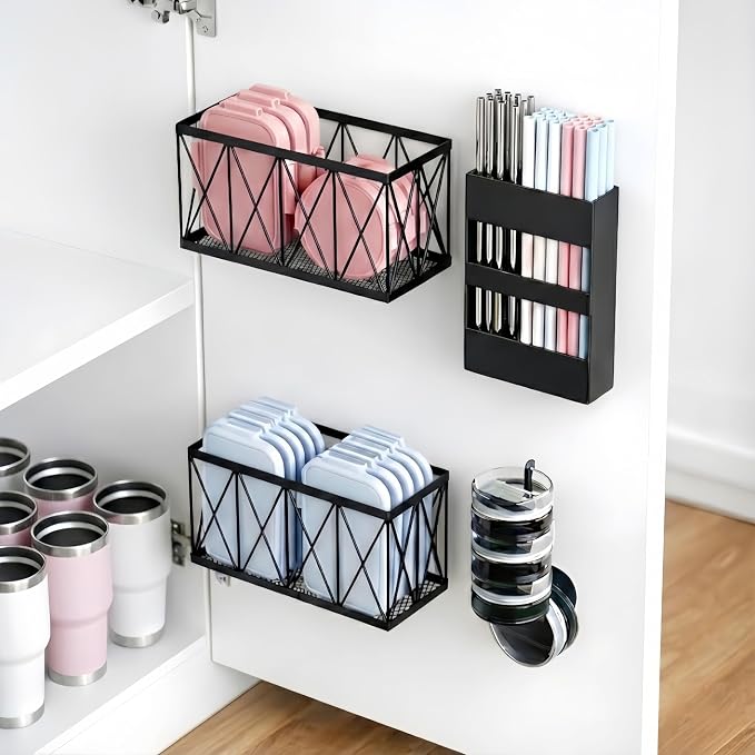 4 Pack No Drill Cabinet Door Lid Organizer for Plastic & Tumbler Lids, Inside Cabinet Wall Mounted Storage, Compatible with Tupperware & Yeti, with Magnetic Straw Holder