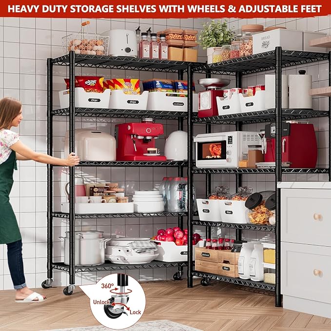 Xcity Storage Shelves, 5 Tier Heavy Duty Metal Shelving Unit with Wheels, 2500 LBS Adjustable Steel Wire Shelf for Commercial, Pantry, Kitchen, Garage, 18" D x 48" W x 72" H, Black