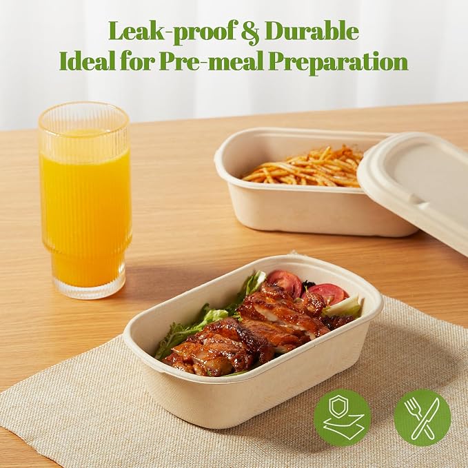 [100% Eco-Friendly] Disposable Food Containers with Lids – Sugarcane Pulp Take Out Boxes, Biodegradable, Compostable, Microwave Safe Lunch Containers – Pack of 50 (24 OZ)