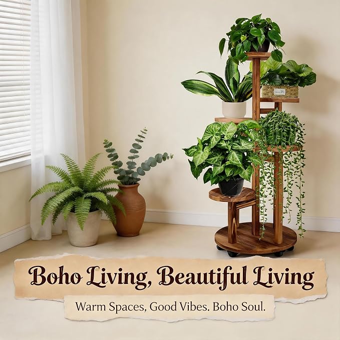 GEEBOBO 5 Tiered Tall Plant Stand for Indoor, Wood Plant Shelf Corner Display Rack, Multi-tier Planter Pot Holder Flower Stand for Living Room Balcony Garden Patio (Brown)