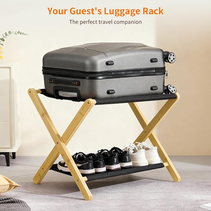 Heybly Luggage Rack, Folding Suitcase Stand with Storage Shelf, Heavy-Duty Luggage Holder for Guest Room Bedroom Hotel, Holds up to 165 lb, Natural, HLR010N1
