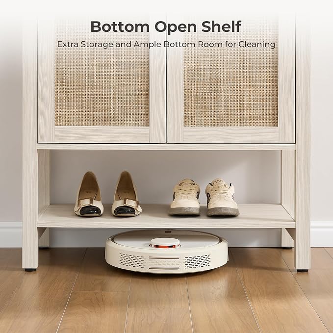 SICOTAS Shoe Cabinet with Storage - 3 Pieces Farmhouse Shoe Organizer with Rattan Doors & Shelves, 5 Tier Free Standing Shoe Rack Storage Cabinet for Entryway, Living Room, Closet (White Cream Oak)