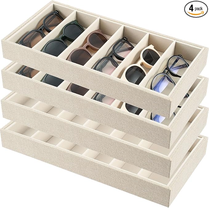 Juexica 4 Pcs Velvet Sunglasses Organizer Tray 6 Grid Sunglass Organizer Velvet Tray Stackable Glasses Display Case for Women Glasses Jewelry Display Watch (Linen)