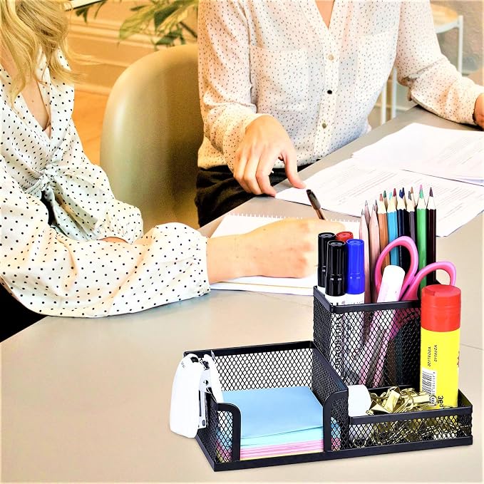 2 Pack 3 in 1 Mesh Pen Holder for Desk, 3 Compartments Pencil Holder Desk Organizer Caddy with Sticky Notes Holder Easy Storage Suitable for Home, Office and School