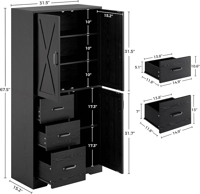 IRONCK Pantry Cabinet, 67.5 inch Tall Storage Cabinet with 3 Doors & Drawers, Farmhouse Kitchen Cabinet with Adjustable Shelves, 5 Tier Freestanding Cupboard for Kitchen, Black