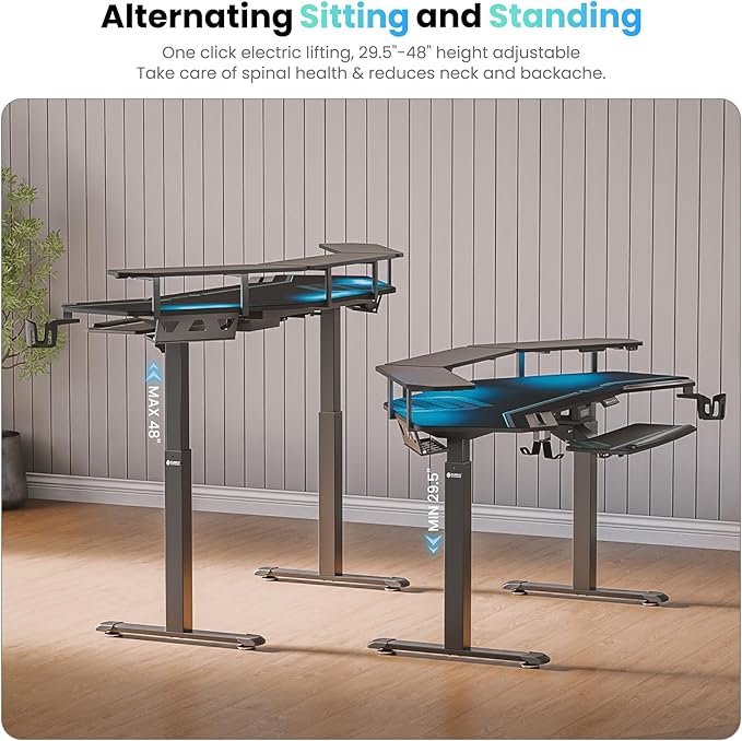 EUREKA ERGONOMIC Gaming Desk, Standing Desk w Keyboard Tray, 72" Wing Shaped Music Studio Table with LED Shelves, Gaming Recording Live Stream, Slot Design