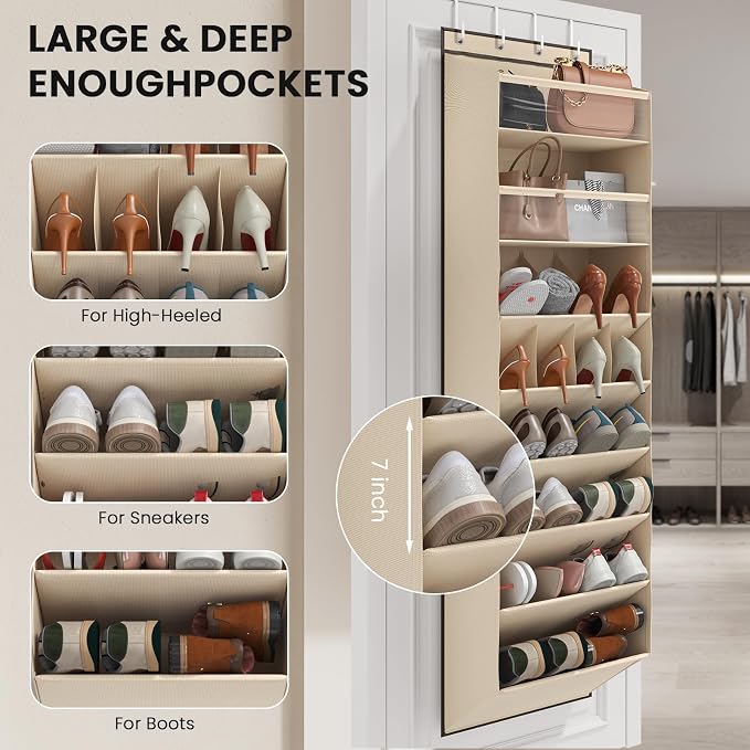 Mefirt 16-20 Pairs Over the Door Shoe Organizer, Clear Pockets Shoe Rack for Closet Door, Hanging Shoe Rack for Boots, Behind the Door Shoe Holder Fit All the Family's Sneakers, Boots, Heels, Beige