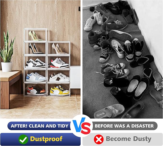 2 Pack Acrylic Clear Shoe Storage Boxes Size 12, Transparent Display Case for Sneaker Collections, Baseball Caps, Hat Organizer Dust-free Shoe Cubbies Stackable Sneaker Boxes
