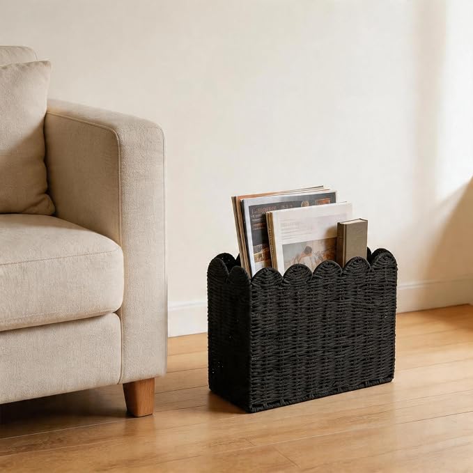 Black Paper Rope Magazine Holder, Tall Narrow Scalloped Basket | Handwoven Black Paper Rope Basket for Magazine Storage, Book Basket, Mail Organizer, File Holder 15"L x 6"W x 11"H