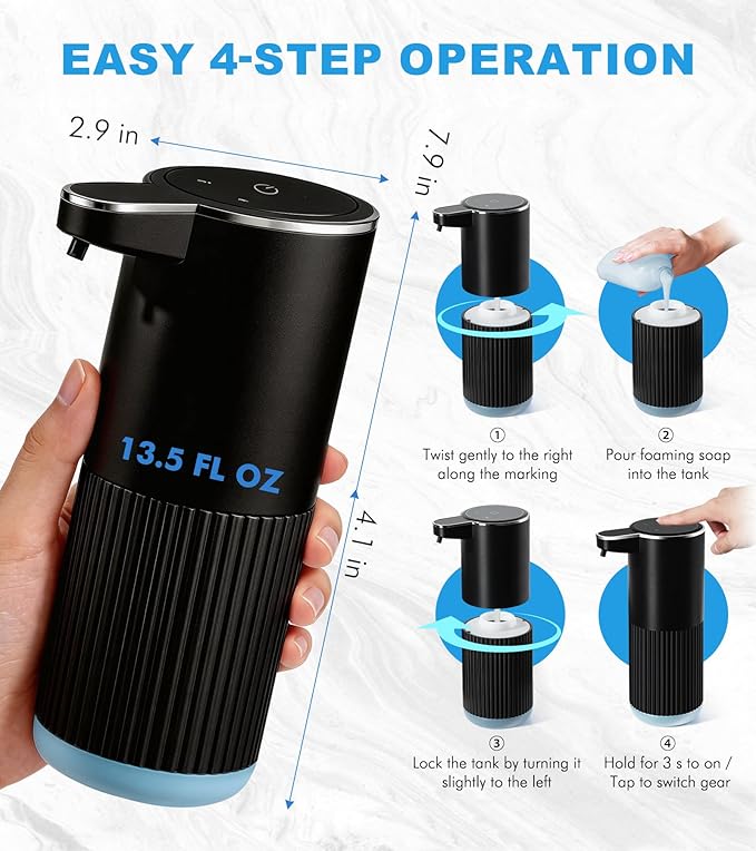 RYTOXILO Automatic Foaming Soap Dispenser, 2 Pack Black Touchless Foam Hand Soap Dispenser Bathroom, 13.5 Fl Oz Plastic Electric Auto Foaming Dish Soap Dispensers Wall Mount for Kitchen