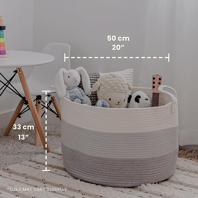 OrganiHaus Large Woven Storage Basket for Blankets and Toys 20" x 13" Inch, Rope Laundry Basket with Handles, Cushions & Pillows Storage Bin, Nursery Hamper, Soft Round Dog Toy Bin - Gray
