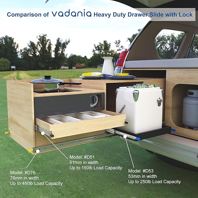 VADANIA #D53 16" Heavy Duty Locking Drawer Slide with Lock, 1-Pair | 2" Width, Up to 125lb Load Capacity, 3-Fold Full Extension, Detachable Lock-in & Lock-Out, Side Mount