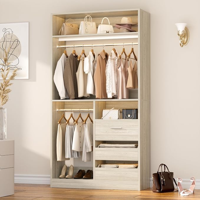 36 Inches Modular Closet Drawers System with Long Hanging Rods, 3FT Wood Closet Organiser with 3 Drawers, Walk-in Freestanding Wardrobe Storage Cabinet with 4 Shelves, White Oak (36"L x 15" W x 80" H)