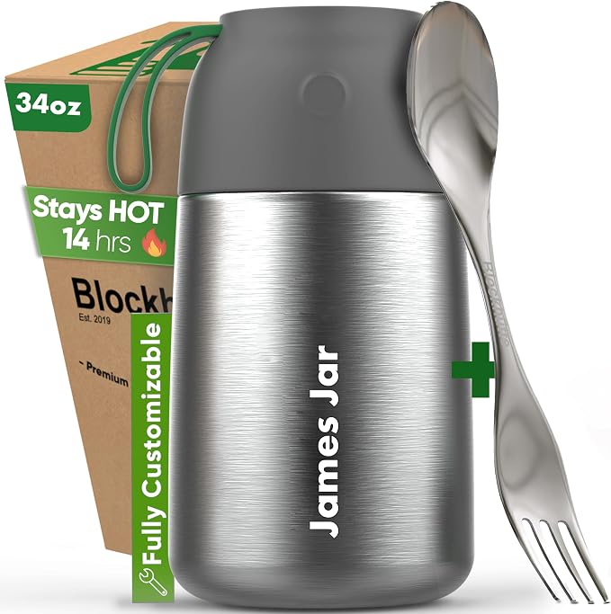 Blockhütte Thermos for Hot Food 34 oz Silver with Custom Name Engraving – Leakproof Insulated Food Lunch Box BPA-Free Stainless Steel 14h Hot – Vacuum thermal lunch box Dishwasher Safe with Spork