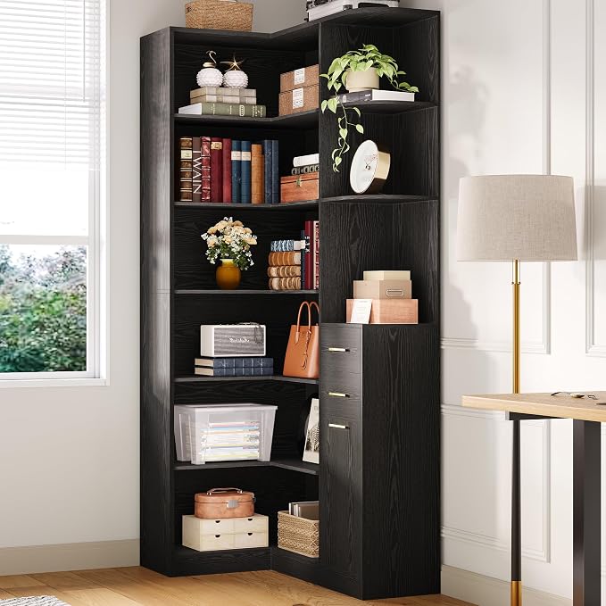IRONCK Corner Bookshelf, 76" Tall Corner Bookshelves, 6 Tiers L-Shaped Bookcase with 10 Open Shelves and 2 Storage Drawers for Living Room or Home Office