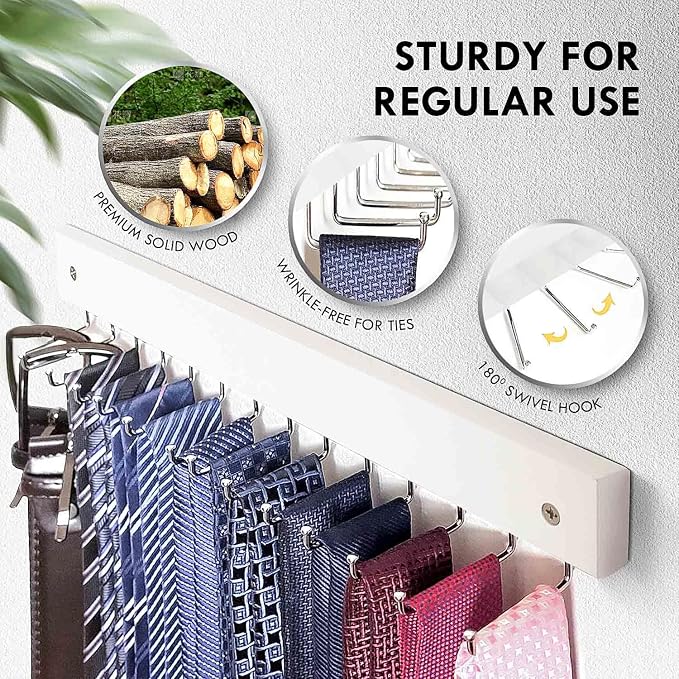 2-Pack Tie Rack Wall Mounted, Wooden Tie Hanger Tie Organizer for Men with 28 Folding Hooks, Space Saving Tie Holder and Belt Rack for Closet, White