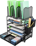 Simple Trending 5 Tier Mesh Desk File Organizer, Paper Letter Tray File Holder with Sliding Drawer Organizer for Office Home, Black