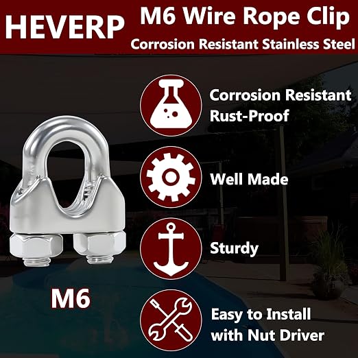 10Pcs M6 1/4 Inches Stainless Steel Wire Rope Cable Clip Clamp