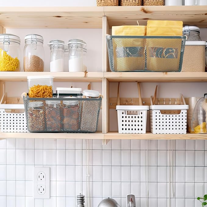 Ziliny 4 Pcs Metal Mesh Wire Baskets with Wooden Handles for Organizing, Pantry Organizers and Storage Steel Bin Kitchen Baskets for Fruit Potato Onion Snacks Bathroom Cabinet(Medium,Dark Gray)