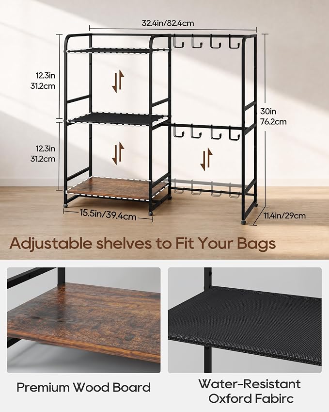 Large Purse Organizer, 3-Tier Purse Rack, Wall Mount or Freestanding | Stores handbags, totes and purses with 12 hooks, Adjustable layout keeps bags visible, freestanding or wall mounted organizer