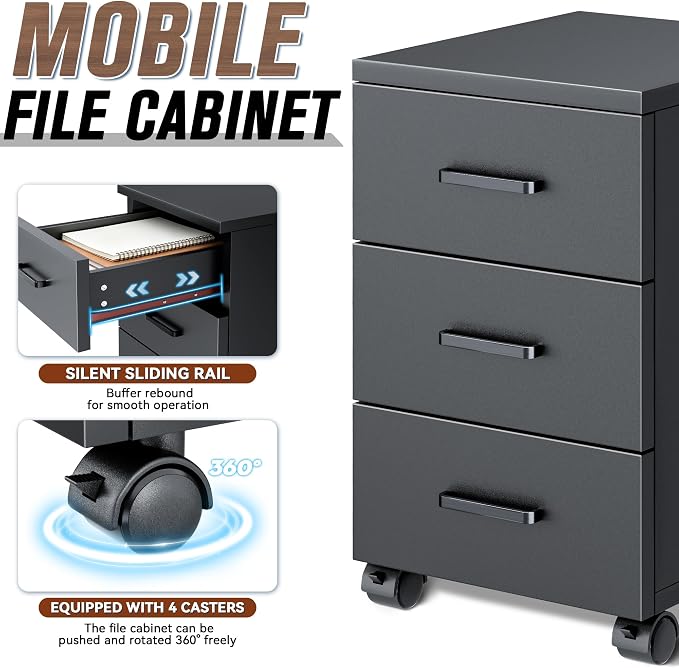 Ceridwen L‑Shaped Reception Desk with LED Ambient Lights & Mobile File Cabinet, Modern Black & Brown Front Desk Reception Counter with Lockable Drawers for Office, Salon & Retail