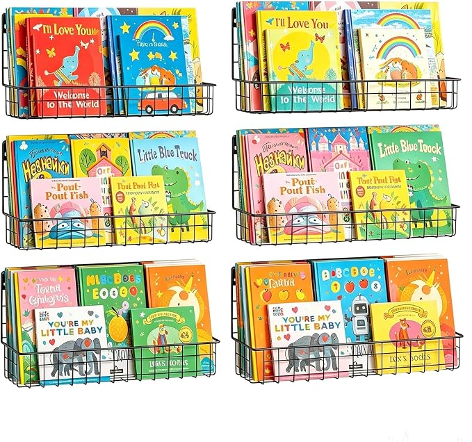 X-cosrack Floating Book Shelves for Wall Kids Bookshelf,Metal Hanging Wall Mounted Shelf for Nursery Toddler, Kids Room, Classroom,Set of 6,Black,2 Sizes