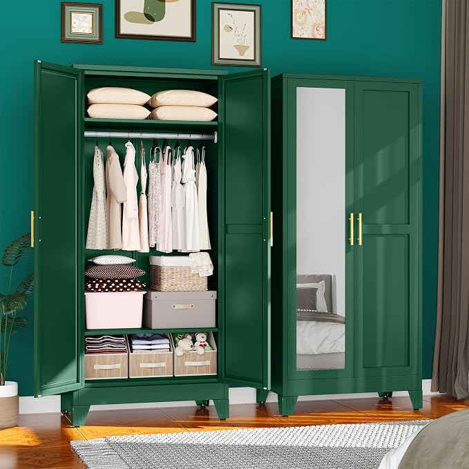 71" Metal Armoire Wardrobe Closet, Steel Clothing Storage Cabinet with Mirror and Adjustable Shelves, Household Steel Wardrobes Storage Cabinet with Adjustable Standing Feet and Hanging Rod（Green）