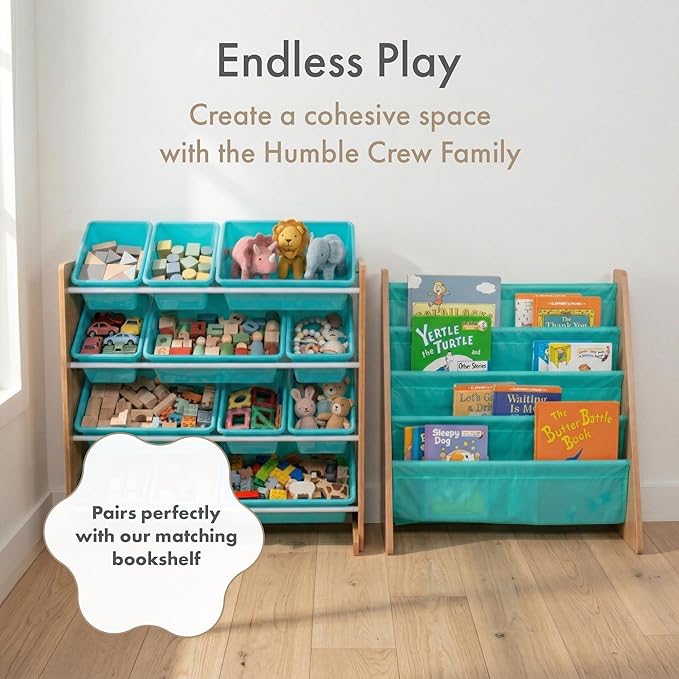 Humble Crew Toy Storage Organizer with 12 Removable Storage Bins for Kids Playroom, 4-Tier Toddler Toy Organization and Storage, Natural Wood/Aqua