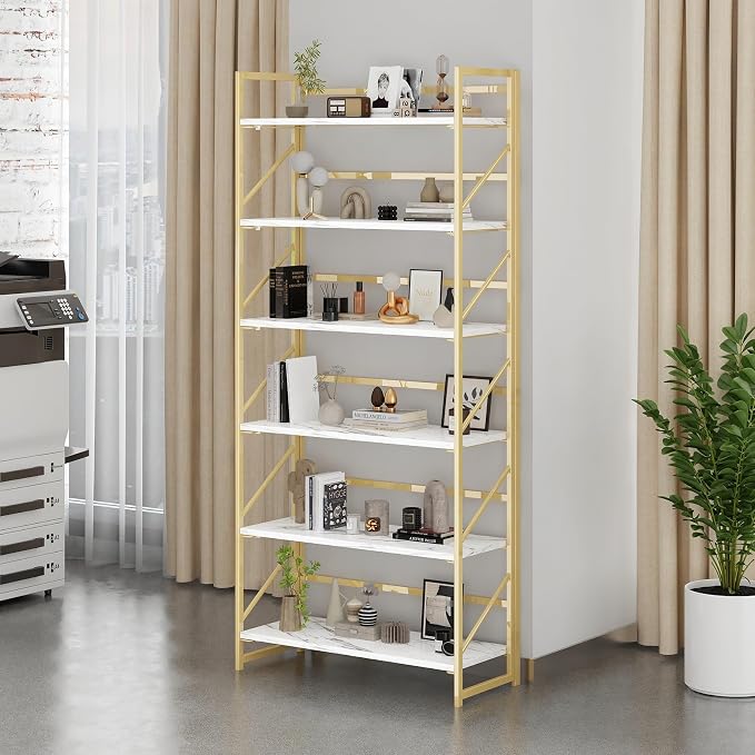 JSB 6 Tier No Assembly Folding Bookshelf, 30.7" Wide Foldable Storage Bookcase for Home Office, Space-Saving Storage Shelf for Living Room (White&Gold)