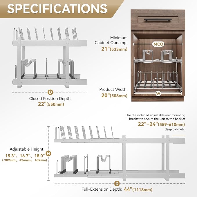 2-Tier Pots and Pans Organizer Under Cabinet Kitchen 21" W *22" D | Pull out Cabinet Organizer for Pots, Pans, and Lid Cookware, Adjustable Heavy Duty Wire Pan and Pot Rack, Full-Extension Rail