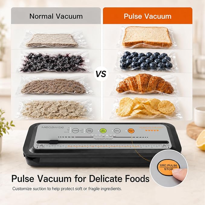 MEGAWISE 2025 Powerful Vacuum Sealer Machine | Compact Design | One-Touch Automatic | Seal in 10-20 Seconds | Dry, Moist, Wet, and Cold Modes | With 10 Vacuum Bags & Built-in Cutter