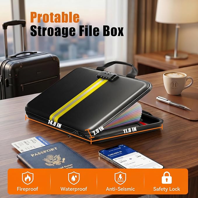 Fireproof Document Organizer with Lock, Rigid EVA File Box with 13-Pocket Accordion Folder for Important Documents & Tablets under 11", Lightweight Safe Storage for Home, Office & Travel (Small Size)
