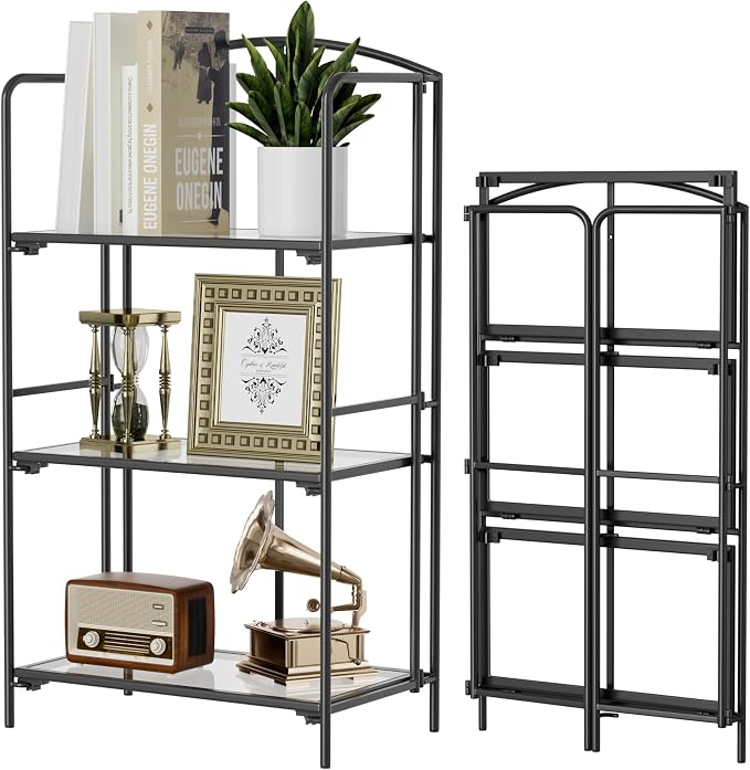 Crofy 3-Tier Foldable Bookshelf, Black Frame & Transparent Shelves | No-Assembly Collapsible Portable Storage Organizer; Sturdy Transparent Shelves; Ideal for Living Room & Home Office