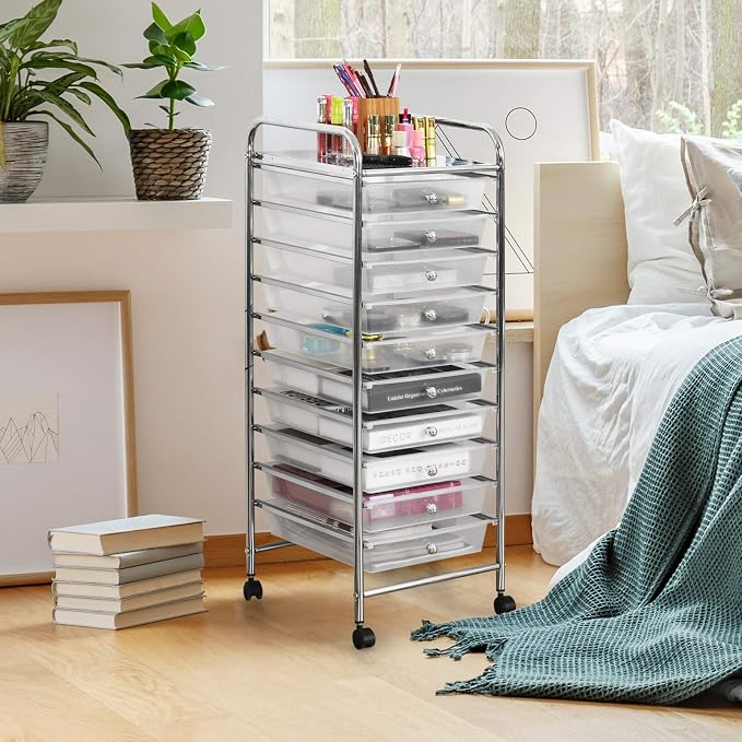 Happygrill 10-Drawer Storage Cart, Utility Cart with Removable Drawers & Metal Frame, Rolling Storage Cart with Lockable Wheels for Home, Office, Clear
