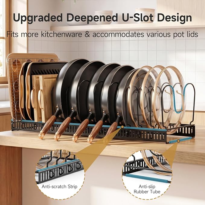 MUDEELA Pot Lids Organizer Rack for Cabinet, Expandable 11.81" to 22.85" Pot and Pan Organizer Holder with 14 Adjustable Dividers, Baking Cookie Sheet Bakeware Cutting Board Kitchen Storage Organizer
