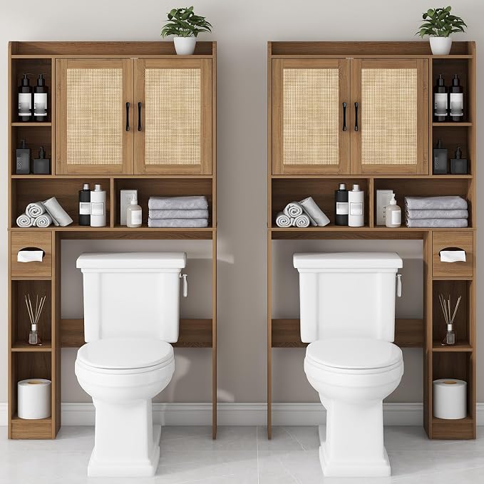 Vabches Over The Toilet Storage Cabinet with 2 Barn Doors, Oak | Farmhouse Storage Cabinet with Toilet Paper Holder Stand，Home Space-Saving Toilet Rack, for Bathroom, Restroom, Laundry