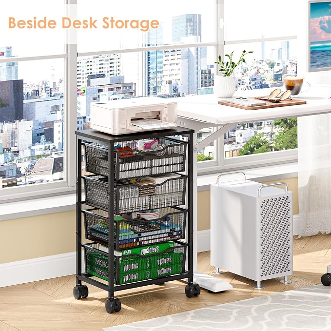 Sbanmao Utility Cart with 4 Drawers, Rolling Storage Cart, Metal Rolling Drawer Cart with Lockable Wheels and Wooden Tabletop, Craft Storage Art Cart for Living Room, Bedroom, Classroom, Office Black