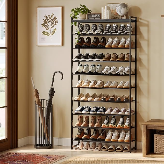 10 Tier Shoe Rack Organizer for 40-50 Pairs, Tall Metal Shoe Storage Shelf with Wood Top, Adjustable Boot Space, Narrow Design for Entryway Closet,Black