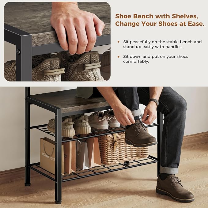 Hall Tree with Bench and Shoe Storage, 4-in-1 Entryway Organizer with 10 Hooks and Storage Shelf,Coat Rack Freestanding with 2-Tier Storage Shelf for Living Room, Bedroom Gray